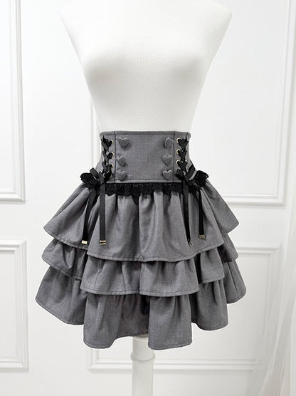 Jirai Kei Gray Three-Tiered Elevated Waist Skirt - nekura