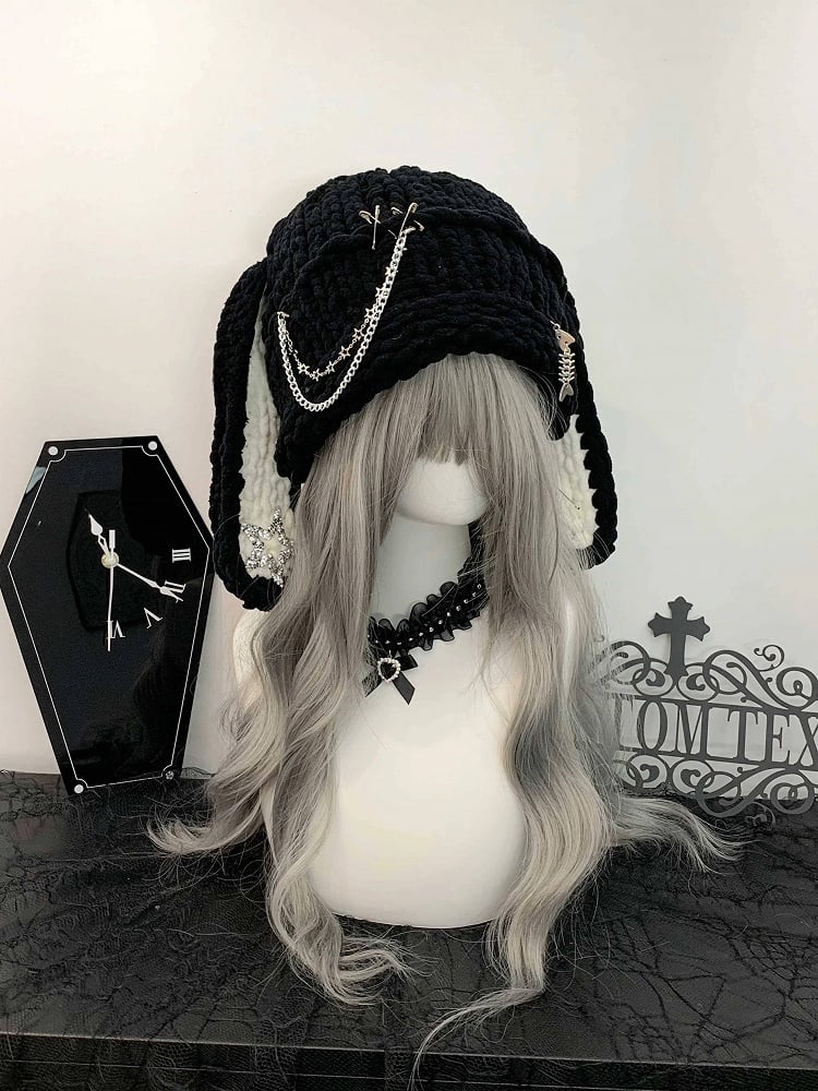 Style with Winter Pin Cute Details Hat Bunny Beanie Punk Black Warm Chain - Ear