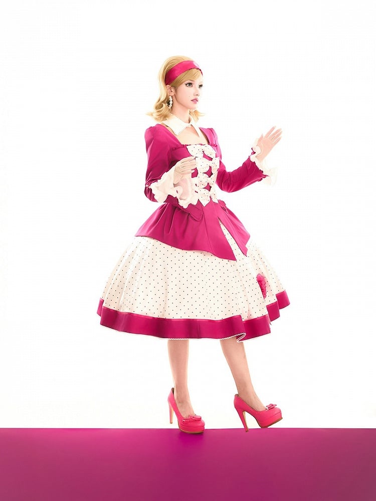 Retro Pink Blazer & Polka Dot Skirt Ensemble with Bow Accents and Detachable Collar - Charing Cross