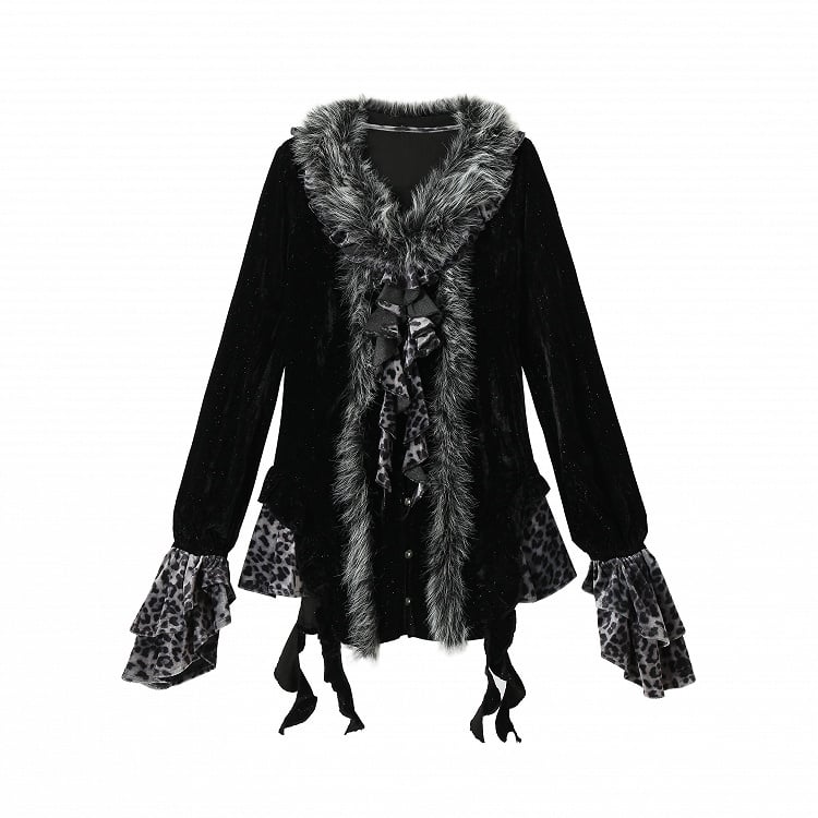 Schwarzes und graues Oberteil mit Leopardenmuster und zotteligem Besatz