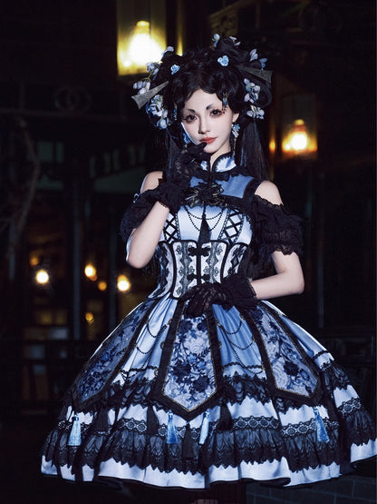 Blue and Black Elegant Cheongsam Collar Qipao Dress + Boned Corset Belt + Tassels Overlay Qi Lolita JSK Set