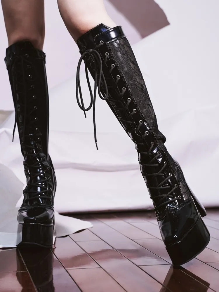 Boots Gothic Platform Knee-high Front Heel Ties High Lace Block Black Lace-up