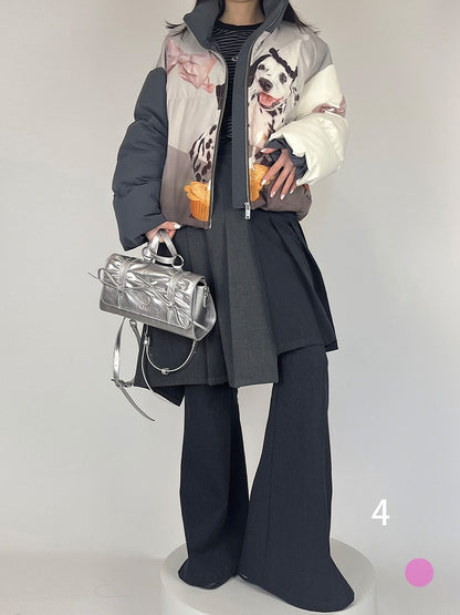 Jacket with Dog Stand Collar Zip-Up Gray Dark Print Spot