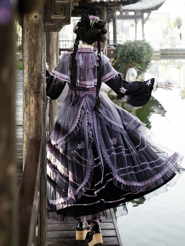 Floral Crossover Dress Neck Black Overdress Purple + Lolita Skirt Han Print Tulle