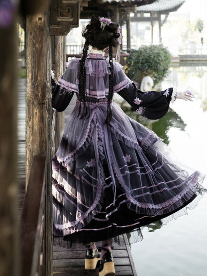 Floral Crossover Dress Neck Black Overdress Purple + Lolita Skirt Han Print Tulle