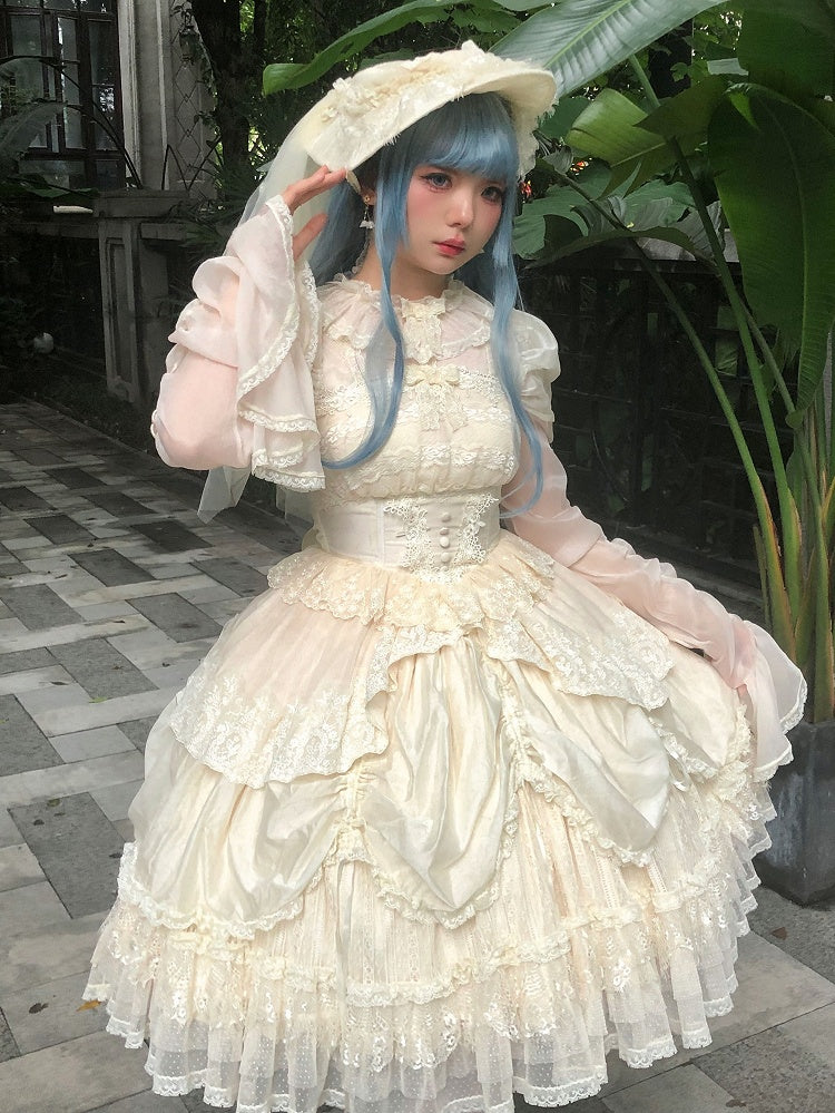 Apricot Basque Waist Long Sleeves Dress Drawstring Skirt Hanayome Lolita One Piece