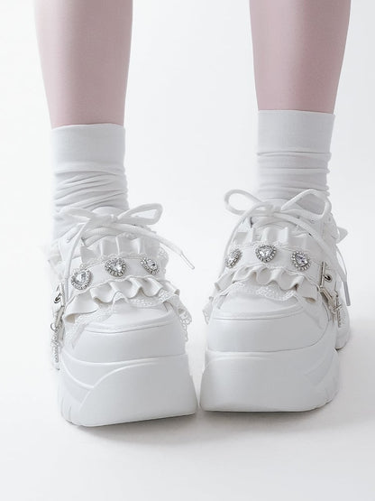 Lacing Crystal Kei Heart Back Jirai Shoes - Platform White