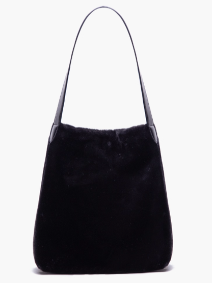 Luxurious Black Plush Shoulder Tote With Drawstring Closure