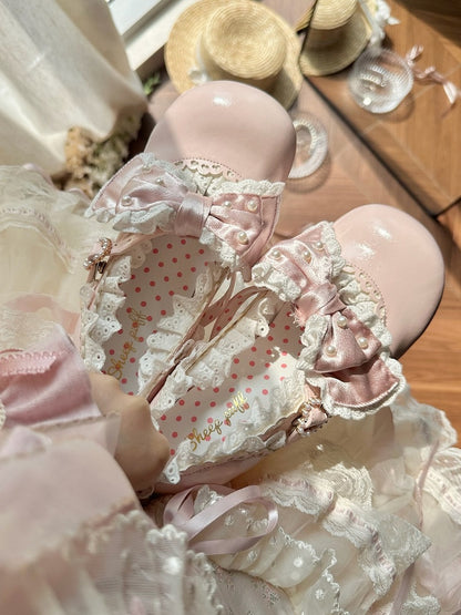 - Hem Lolita Pink Trim Lace Mid-heel Scalloped Shoes Sweet