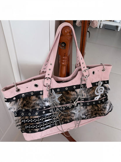 Pink Plush Y2K Tote with Star & Music Notes - Black Cherry Sauce