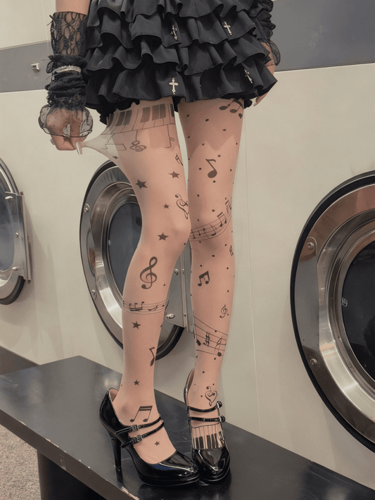 Nude Print / Musical Pantyhose Semi-sheer Black Note