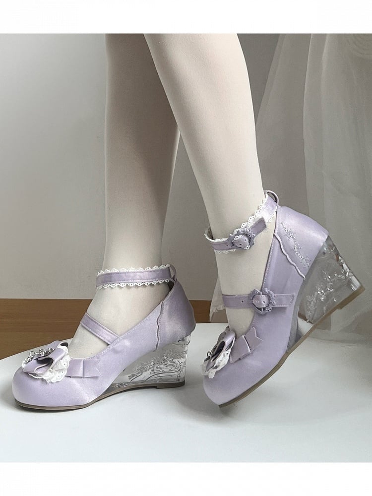 Purple Snow Theme Embossed Slope Heel Shoes with Bow Details - Vintage Sweetheart