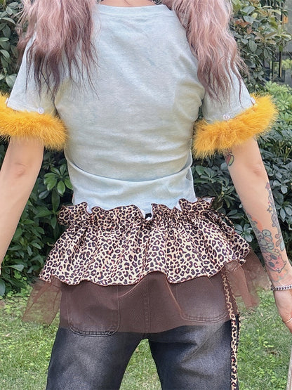 Y2K Accessoire Leopard Glamouröses Braun/Grau Muster Hosenbesatz Spitze