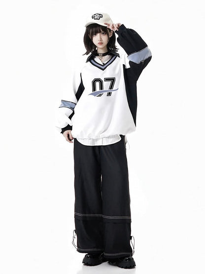 Front Sweatshirt with White Bow V-Neck Numeric Design Regular/Back Baseball-Style