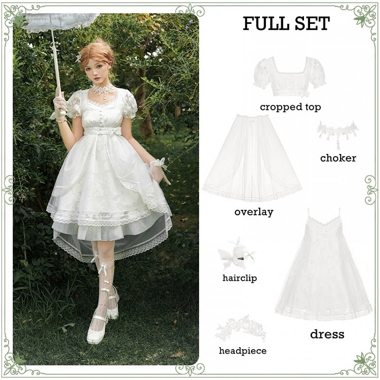 Version Cropped Top Kleid Overlay Weißer Slip Full Empire Lolita + Kurzes Kopfschmuck-Set - Style