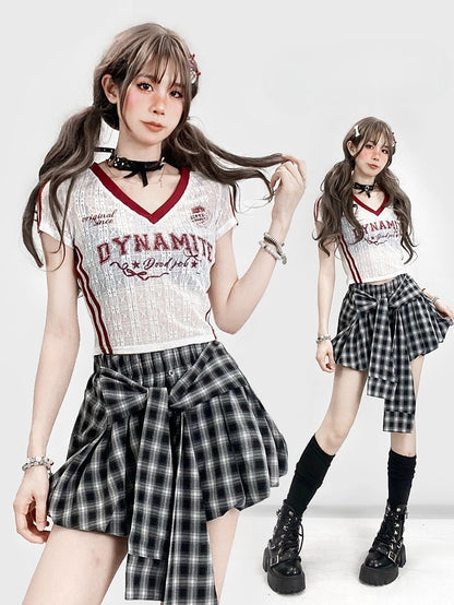 Print Glamorous WhiteRed Letter Lace V-neck T-shirt Y2K