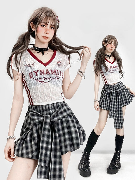 Print Glamorous WhiteRed Letter Lace V-neck T-shirt Y2K