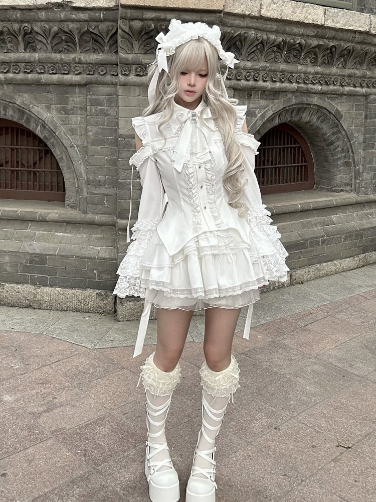 White Gothic Landmine Blouse with Cutout Shoulders, Bell Sleeves and Lace Accents - Ekomi
