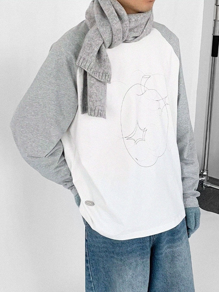 Round Top Unisex White Colorblock Design Pattern Daily Kawaii Apple in Neck Gray with