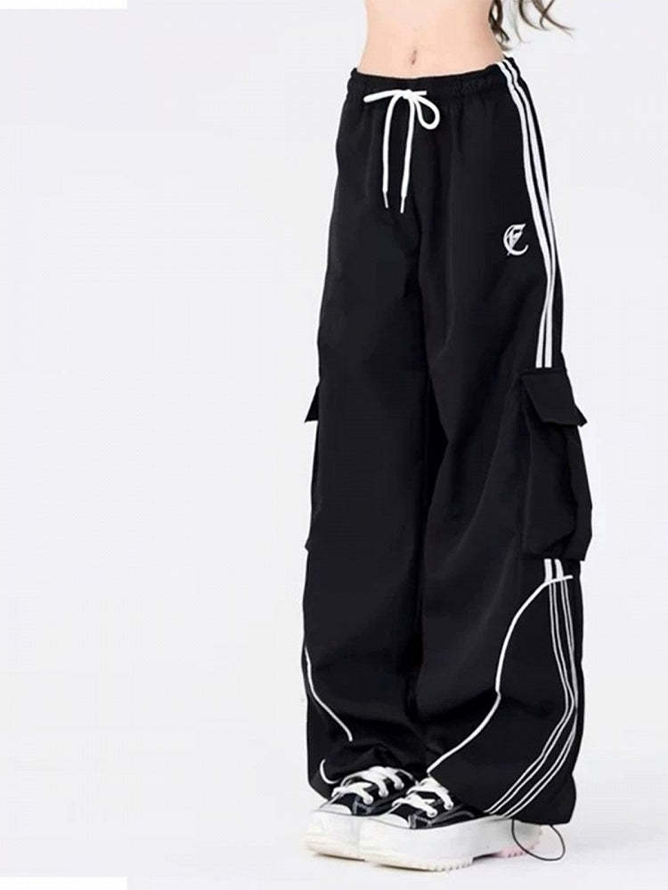 Black Drawstring Wide-Leg Cargo Pants with Side Utility Pockets