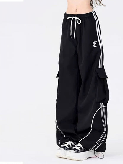 Black Drawstring Wide-Leg Cargo Pants with Side Utility Pockets