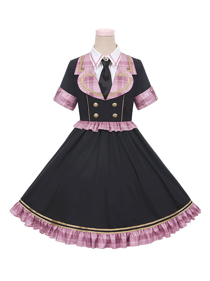 Black Contrat Pink Plaid Trim Gold-tone Buttons Dress Idol Lolita OP