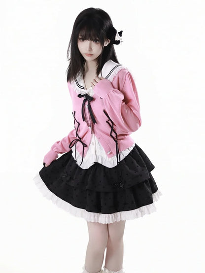 ピンクのレースアップディテール、フロントハートボタンプラケット、サマーニットカーディガン