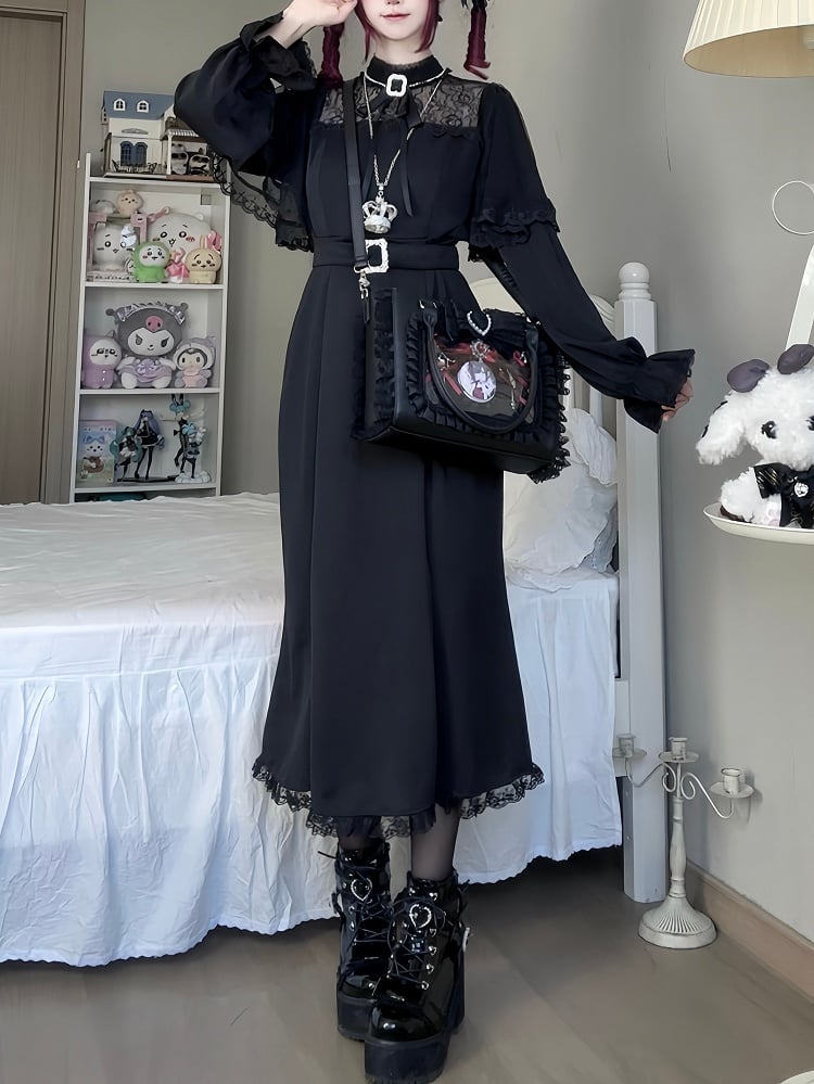 Black Sleeves with Illusion Jirai Dress: Silhouette Kei Neckline Cape Dark Mermaid