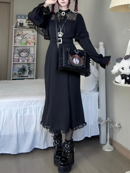 Black Sleeves with Illusion Jirai Dress: Silhouette Kei Neckline Cape Dark Mermaid