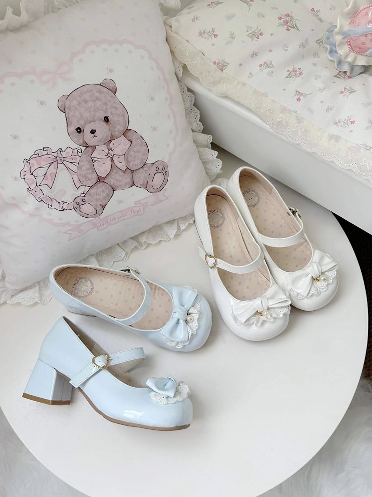 Heart Fastener Blue Round-Toe Lolita Design Mid Sweet - Heels