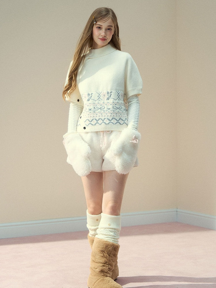 with Drawstring Waist Faux Cream White Fur Shorts