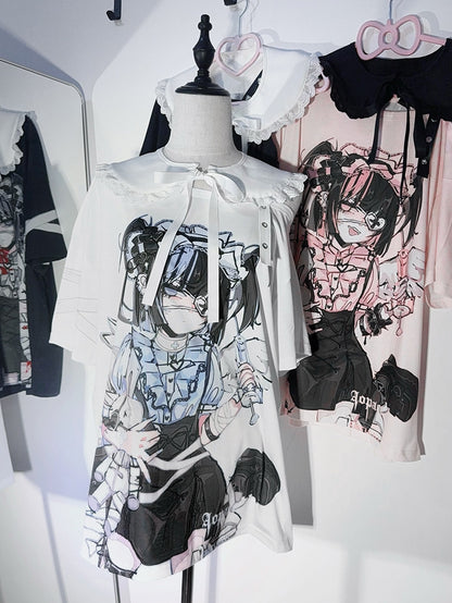 Dark with Cute Pan Anime Kawaii Detachable Yami Collar Print / Peter T-shirt: Cotton White Pink