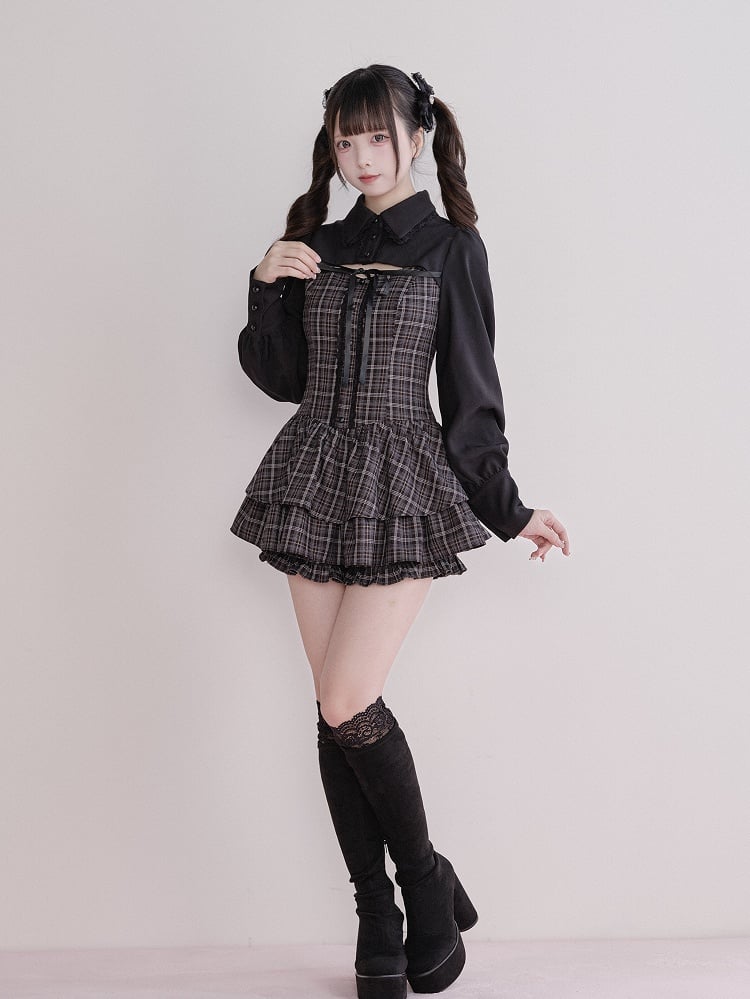 Dress Matching Fake Jirai Gray Long-Sleeve + Kei Two-Piece Set Shorts Plaid