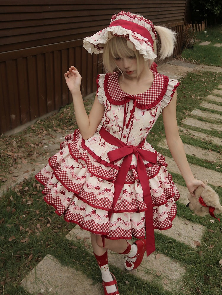 レッドギンガムチェックのピーターパンカラートップスとチェリー柄のティアードスカートセット