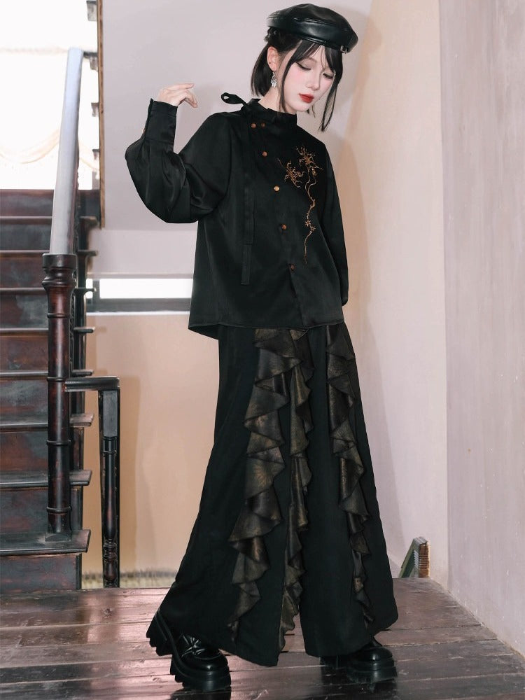 Black Stand Collar Long Sleeve Shirt with Asymmetric Placket, Mandala Embroidery and Tie Accents - Quirky Hut