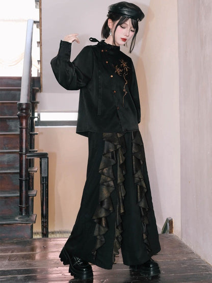 Black Stand Collar Long Sleeve Shirt with Asymmetric Placket, Mandala Embroidery and Tie Accents - Quirky Hut