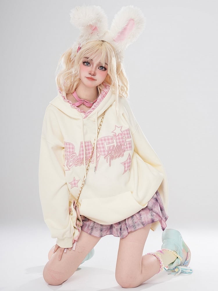 Saum Stickerei Taschentuch Gelb Schwarz + Plaid Mini Brief Hoodie Heller Rock Rosa Mit Stern
