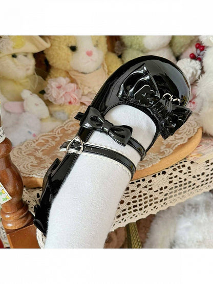 Black PU Kawaii Lolita Shoes with Heart Buckles & Bowknot at Back - Moon Baby Diary