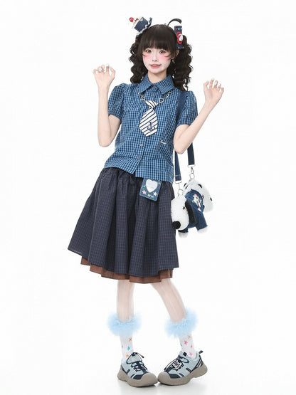 Blue Plaid Puff Sleeve Polo Shirt - Languid Park