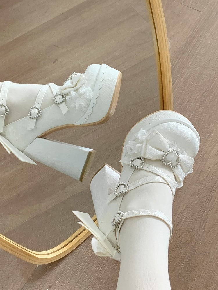 Mary Janes Chunky Bow Sophisticated Decor - White Lolita Heel