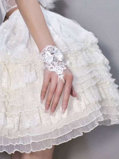 White Lace Wrist Cuffs with Rhinestone and Bow Decorations - Mr. Cat