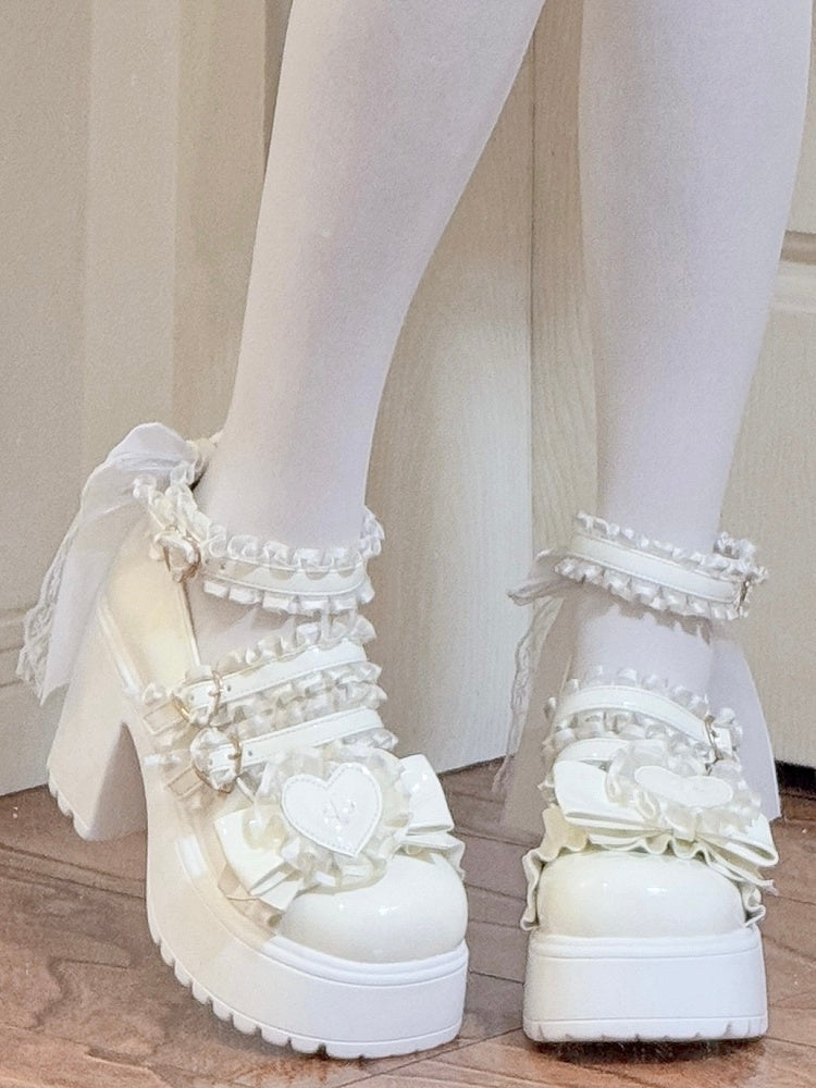 Kei White Heart Jirai Lace Block Bow Heels Ruffled Straps with High Buckle Patch - Platform