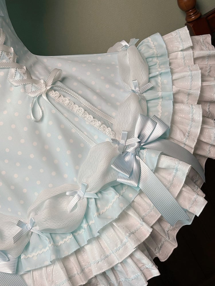 Dot Blue Lolita Neck Old Halter School Sleeves Versatile Dress Polka with Puff