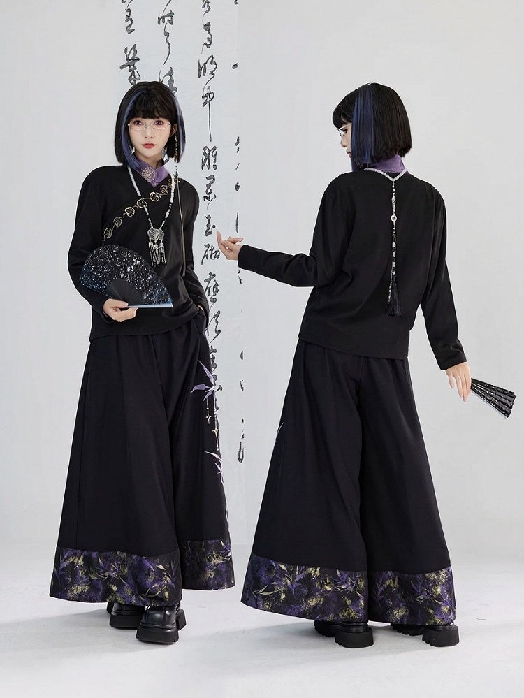 Lunar Embroidery Cross Style Long - Phase Cheongsam Top Collar Sleeve Black Unisex