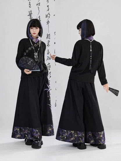 Lunar Embroidery Cross Style Long - Phase Cheongsam Top Collar Sleeve Black Unisex