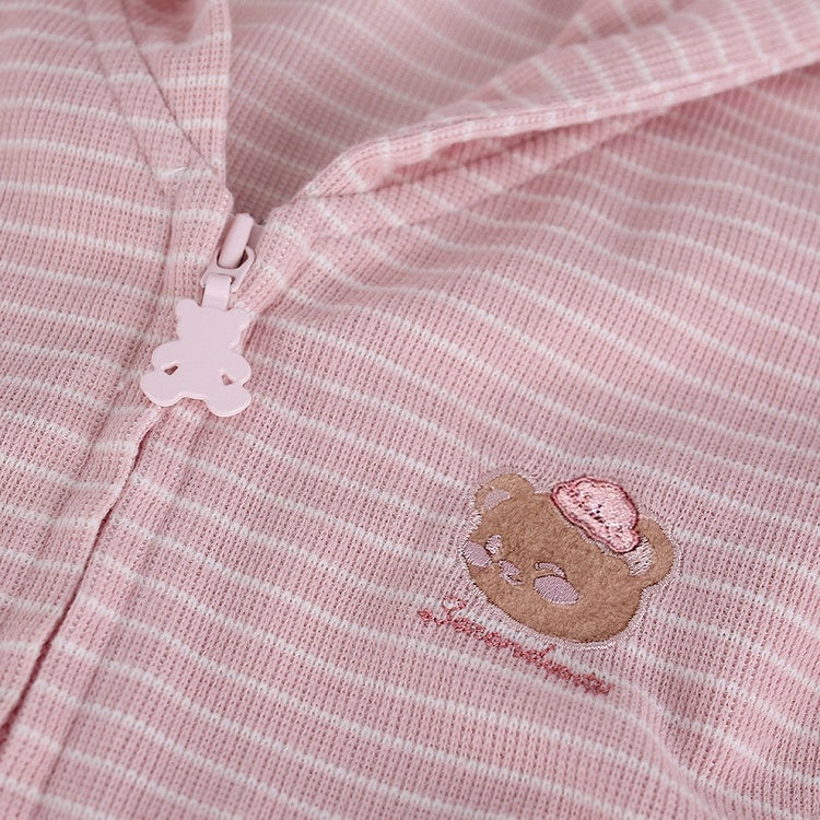 Pink Striped Hooded Jacket with Bear Embroidery & Fitted Silhouette - serendipity