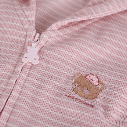 Pink Striped Hooded Jacket with Bear Embroidery & Fitted Silhouette - serendipity