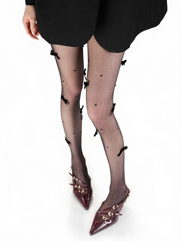 Sheer Black Bead Bow Tights - ModaSwings