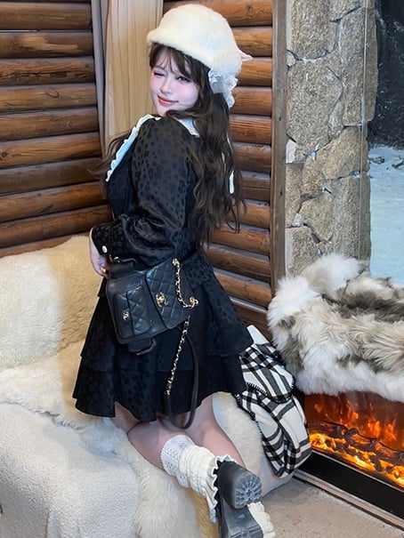 プラスサイズ ブラック ハイウエスト ジャカード ティアードスカート