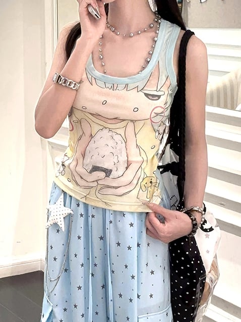 Tank Top Neckline Print Anime Girl Mint Green Square